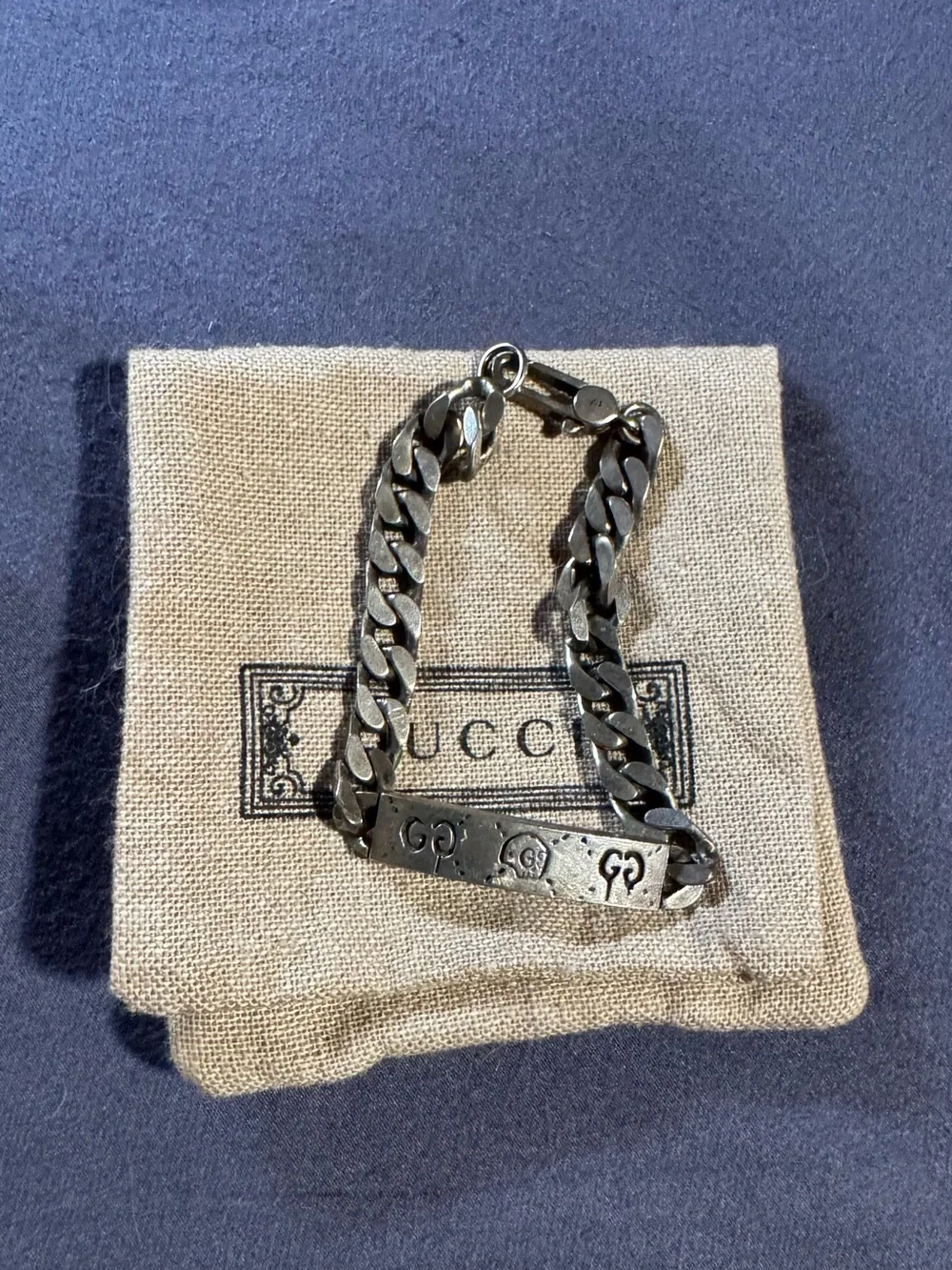 Gucci Silver-Tone Curb Chain ID Bracelet with Engraved GG Plate